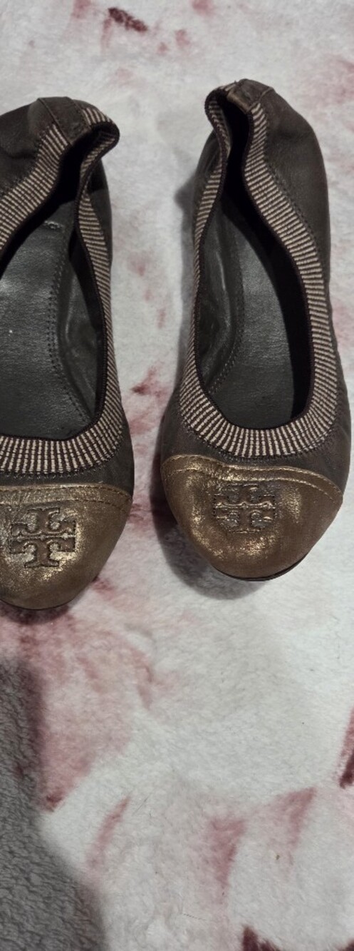 Tory Burch Brown Leather Ballet Flats with Metallic Bronze Toe